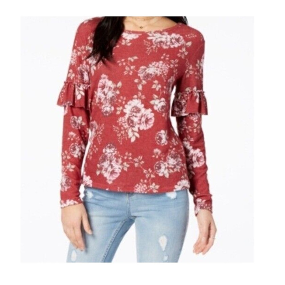 Ultra Flirt Juniors' Ruffle-Trimmed Marled T-Shirt Burgundy Floral Size M